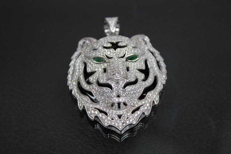 aLEm Pendant Tiger of Jungle 925/- Silver rhodium plated with round white and navett green emerald Zirconia,
