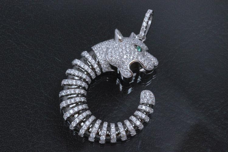 aLEm Pendant Tiger of Prosperity 925/- Silver rhodum plated with Zirconia white and green,