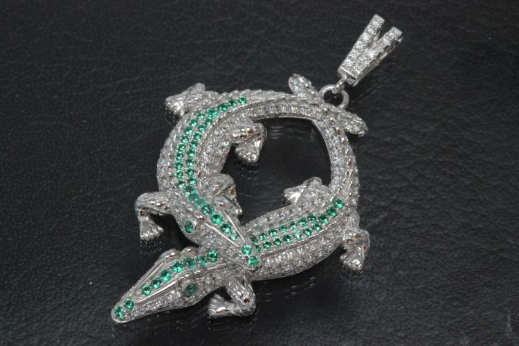 aLEm Anhänger Two Crocodile in the Fight setted with white and green Zirconia, 925/- Silver rhodium plated and polished,