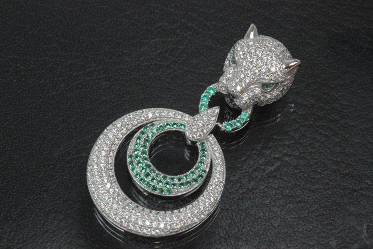 aLEm Pendant Tiger with Firering 925/- Silver rhodum plated with Zirconia white and green,