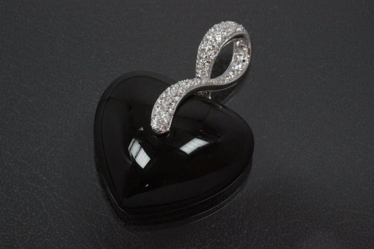 aLEm Pendant Onyx Heart with Zirconia 925/- Silver rhodium plated,  polished,