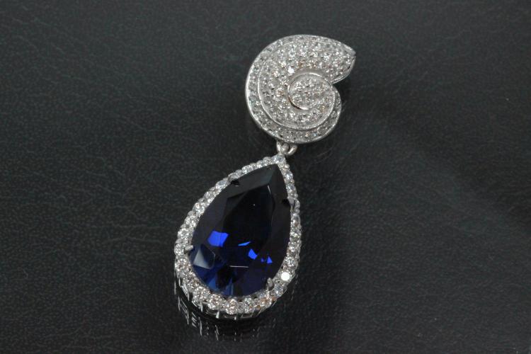 aLEm Pendant sapphire colour faceted Teardrop and Top as a Ammonite 925/- Silver rhodium plated and white Zirconia