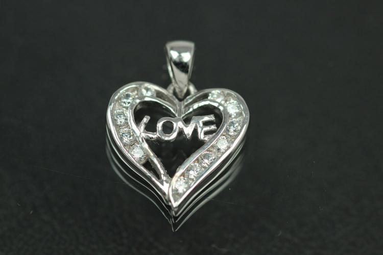 aLEm Anhänger Sweet Heart mit LOVE Schrift und Zirkonia  925/- Silber rhodiniert,  poliert,