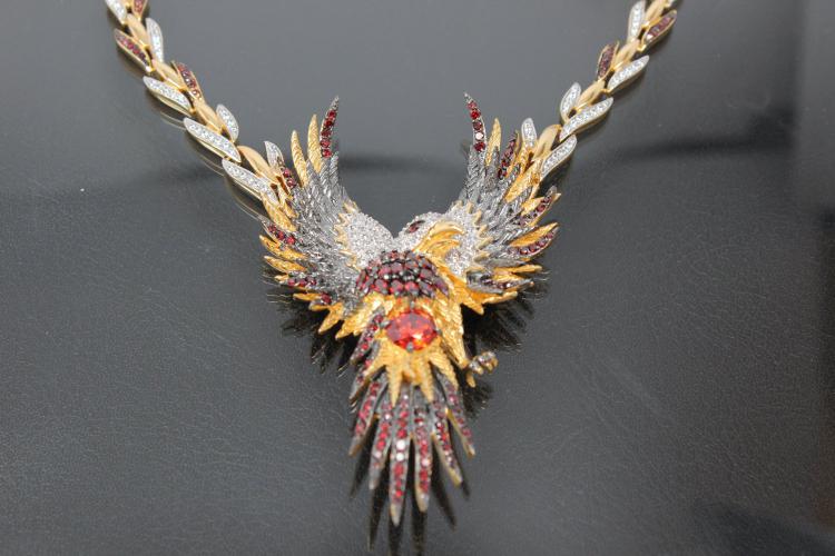 aLEm Necklace Flying Phoenix 925/- Silver partially gold plated / partially rhodium plated with white and red Zirconia and bolt clasp with security eight