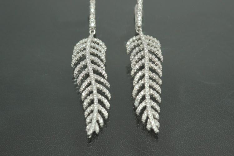 aLEm Earring Lovley Feather 925/- Silver rhodium plated with Cubic Zirconia, approx size high 53,0mm incl. leverback, wide 11,5mm, thickness 4,0mm,