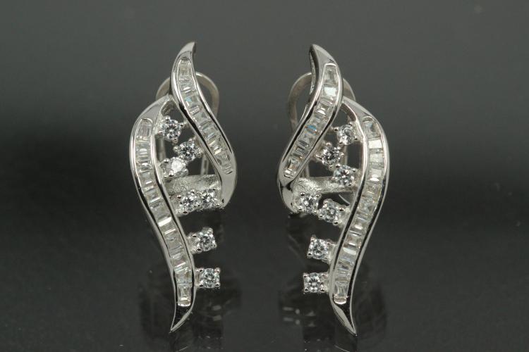 aLEm Ear post with security omega clip Wild Wave 925/- Silver rhodium plated with Cubic Zirconia,approx size high 29,6mm, wide 11,2mm, thickness 5,5mm,  length post 10,0mm, outside Ø0,8mm,