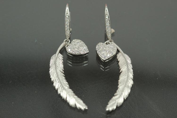 aLEm Earring with Leverback Heart & Feather 925/- Silverrhodium plated, approx size length 49,0mm incl. leverback, length Feather 37,5mm with loop , wide 5,5mm, MS2,0mm, size heart 10,8mm x 8,5mm with loop.