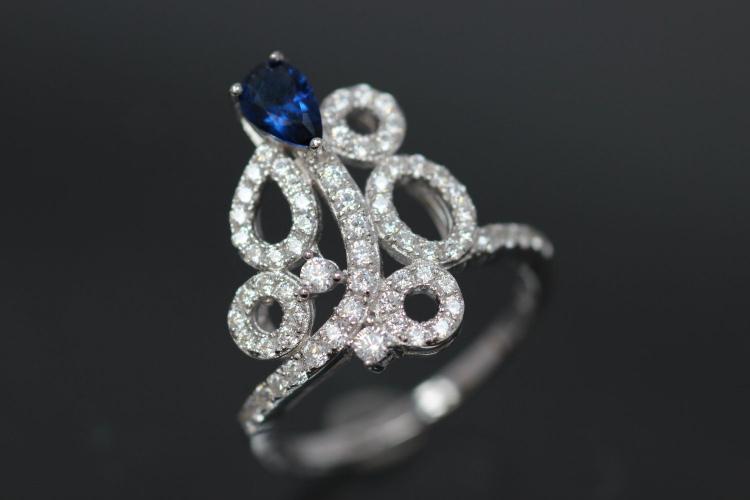 aLEm Ring  Royal Sea of Blossoms  with blue and white Zirconia 925/- Silver rhodium plated