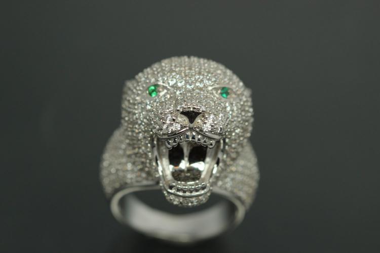 aLEm Ring Wild Roaring Cougar 925/- Silver rhodium plated with white Cubic Zirconia