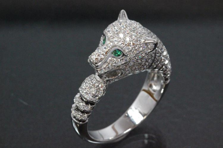 aLEm Ring Jagender Tiger - Chasing Tger 925/- Silber rhodiniert mit Zirkonia weiß und grün