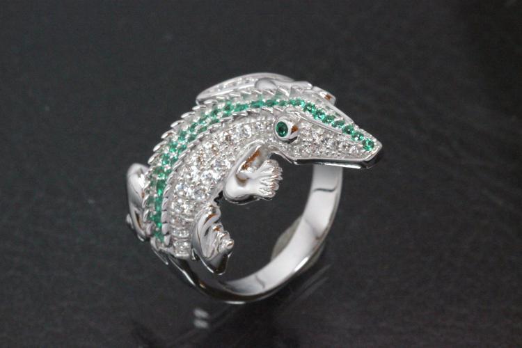 aLEm Ring Krokodil auf Lauer mit weißen und grünen Zirkonia gefasst, 925/- Silber rhodiniert und poliert