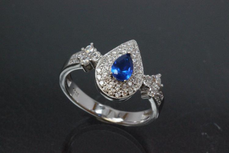 aLEm Ring  Teardrop of Midnight  with sapphire color and white Zirconia 925/- Silver  rhodium plated