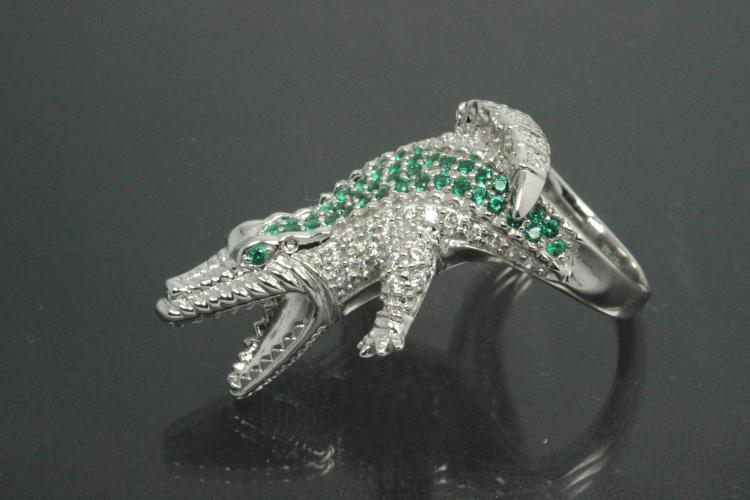 aLEm Ring Attacking Crocodile 925/- Silver rhodium plated with white and emerald green Cubic Zirconia