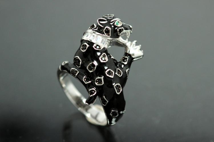 aLEm Ring Black Cougar 925/- Silver rhodium plated / partially artificial enamel