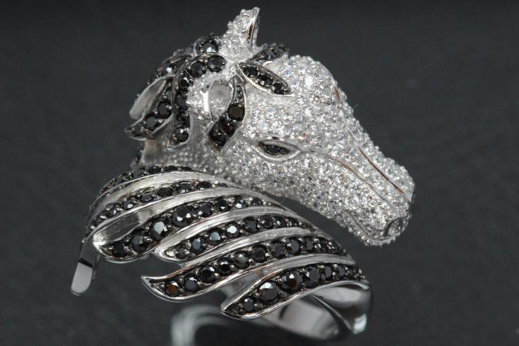 aLEm Ring Pferdekopf - Wild Mustang 925/- Silber rhodiniert mit weißen/schwarzen Zirkonia