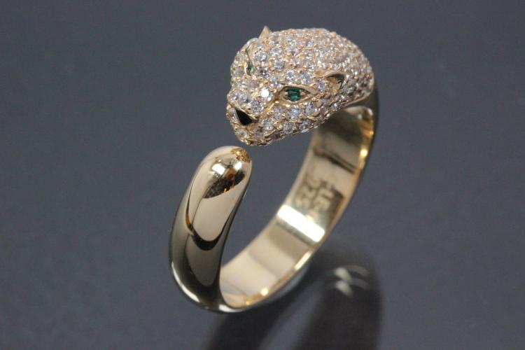 aLEm Ring Black Cougar 925/- Silver gold plated, with white/green Cubic Zirconia