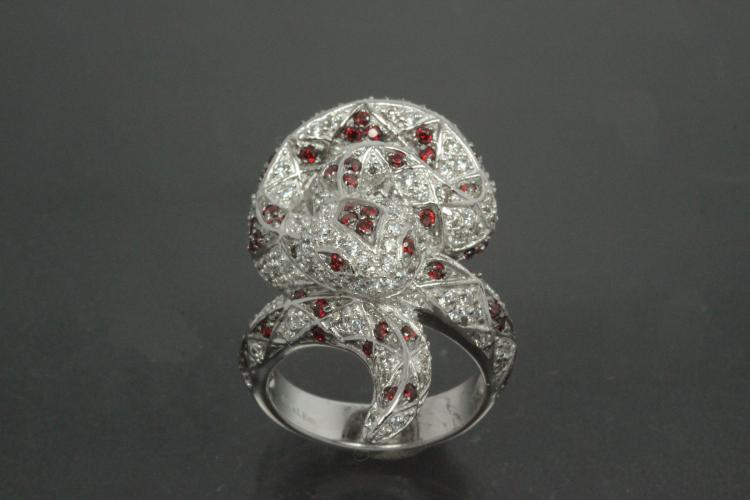 aLEm Ring Mexican King Snake 925/- Silver rhodium plated, with white/red Cubic Zirconia