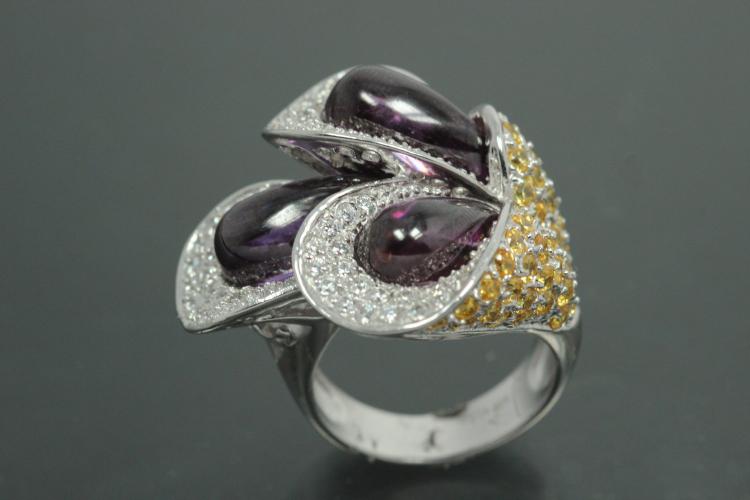 aLEm Ring Sprouting Calla 925/- Silver rhodium plated, with white/yellow/amethyst puple Cubic Zirconia