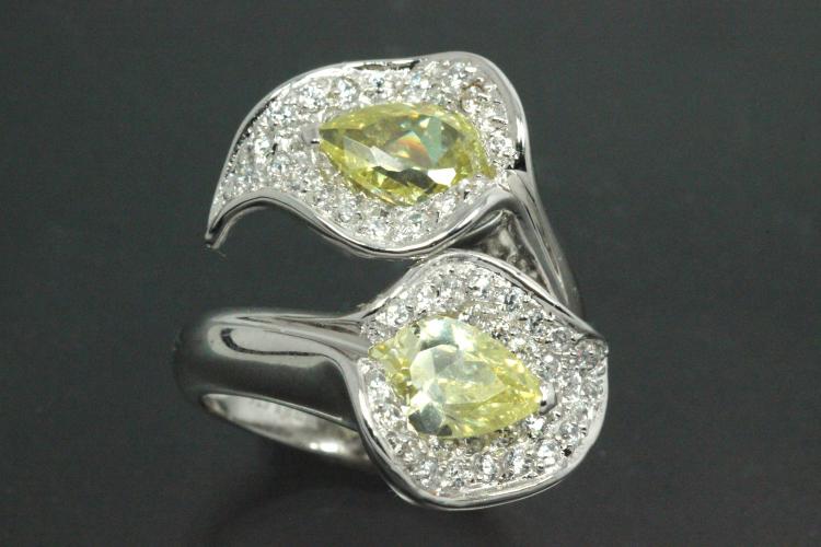 aLEm Ring Glittering Leafs 925/- Silver rhodium plated, with white/peridot green Cubic Zirconia