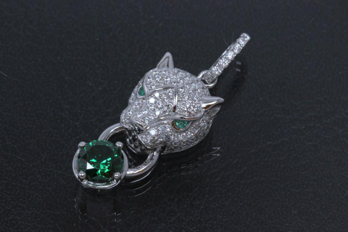 aLEm Pendant Tiger of Glory 925/- Silver rhodium plated, setted with green and white Zirconia ,