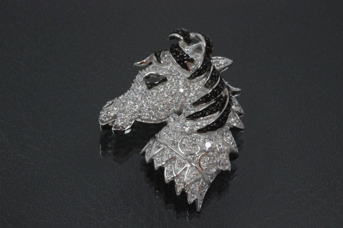 aLEm Pendant Horse Head  with white und black Zirconia 925/- Silver rhodium plated