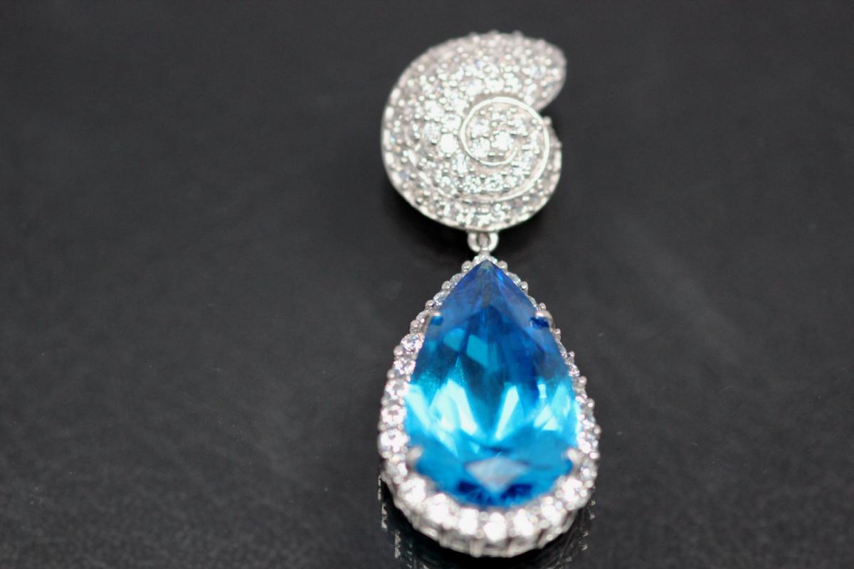 aLEm Pendant aquamarin colour faceted Teardrop and Top as a Ammonite 925/- Silver rhodium plated and white Zirconia,