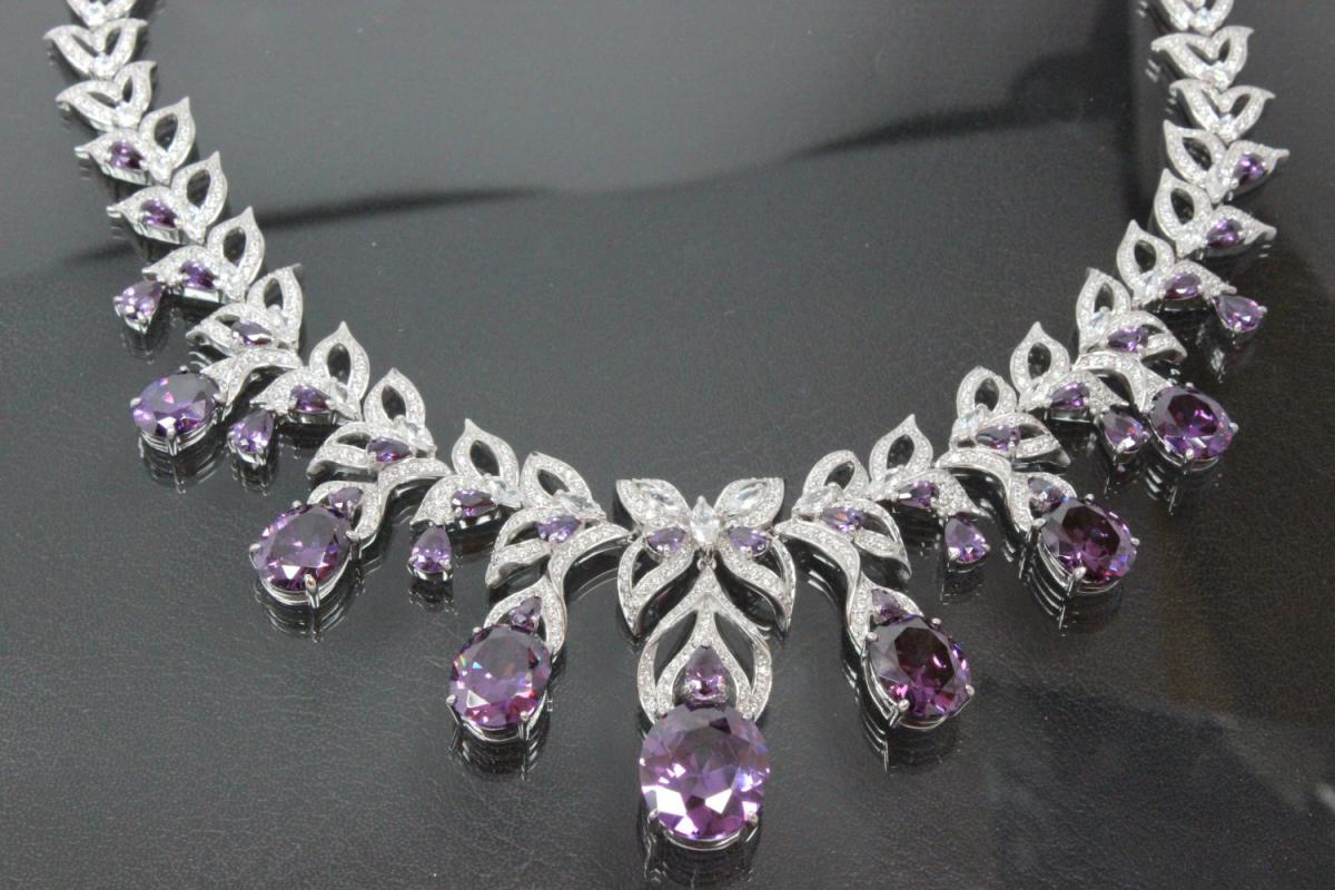 aLEm Necklace  Lily Dream  925/- Silver rhodium plated with white and amethyst color Zirconia and clasp with extension chain,