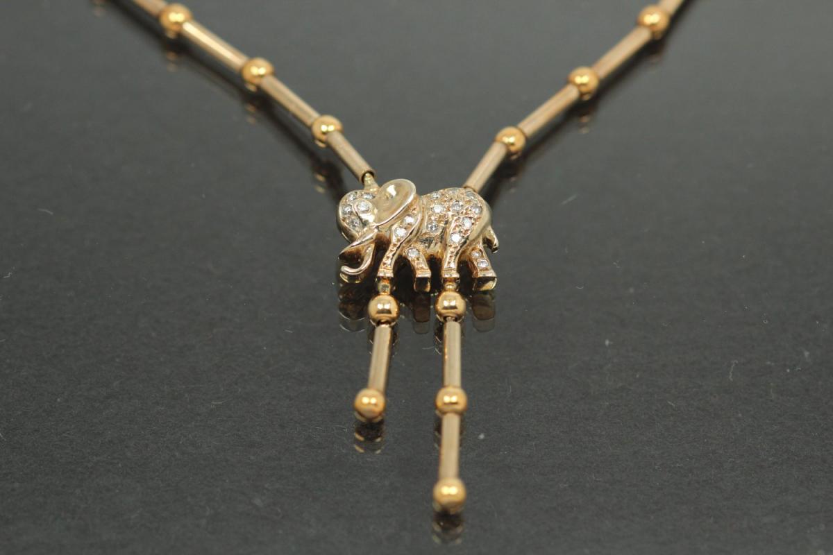 aLEm Elephant necklace 750/-Gold / Whitegold with Diamonds totally 0,19ct w/si withbolt clasp and security eight,