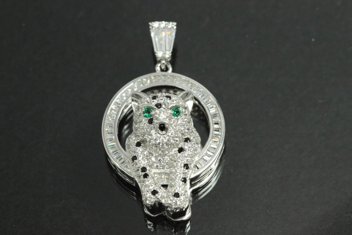 aLEm Pendant Cheetah in the Circle of Fire 925/- Silver rhodium plated, approx size high 35,3mm incl.bail,  wide 20,0mm, T9,0mm, bail outside h6,3mm,W4,3mm, bail inside H2,5mm, W3,6mm,