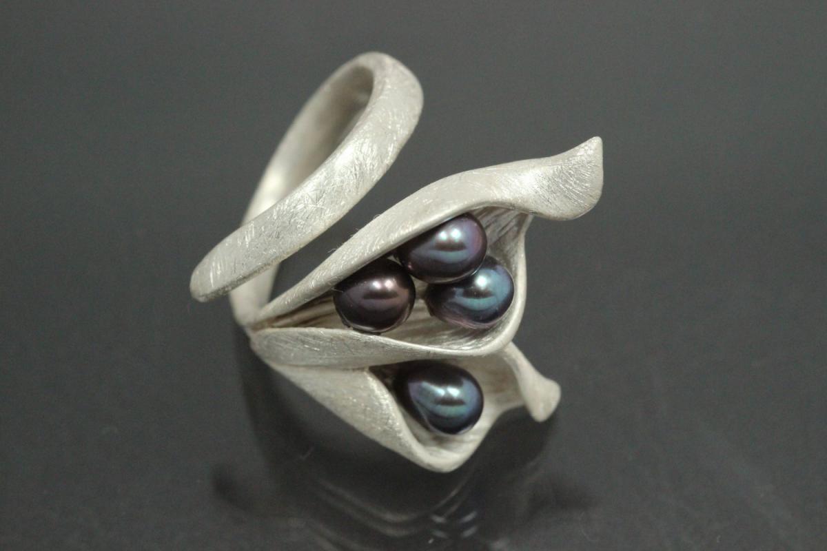 aLEm Ring Blossoms  Calla by alain LE mondial 925/- Silver with four Freshwater pearls (FWP) -peacock,