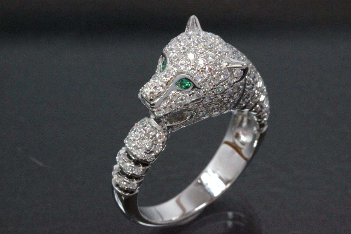 aLEm Ring Chasing Tiger 925/- Silver rhodium plated with Zirconia white and green