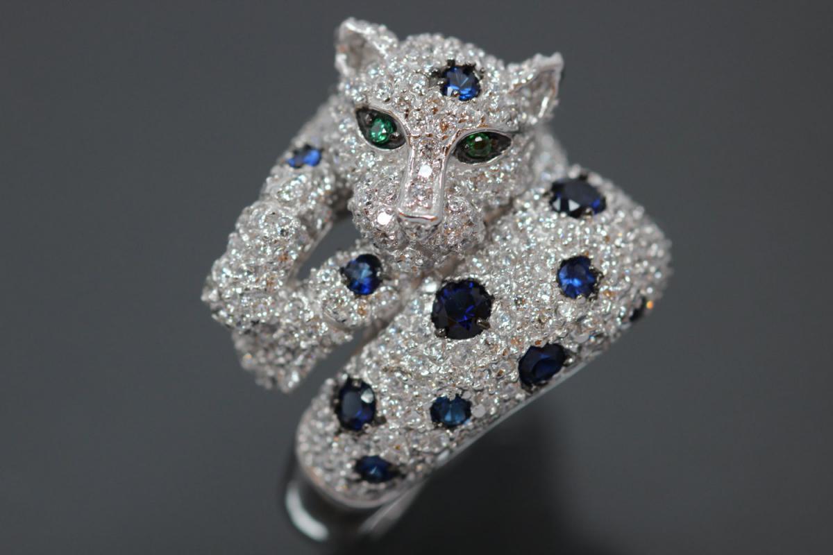 aLEm Ring Hunting Cheetah 925/- Silver rhodium plated, with white/blue/green Cubic Zirconia