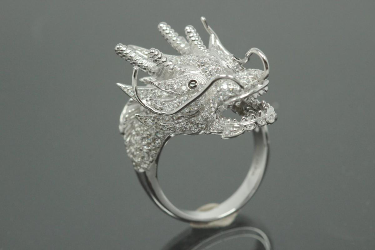 aLEm Ring Dragon of Glory 925/- Silver rhodium plated, with white Cubic Zirconia