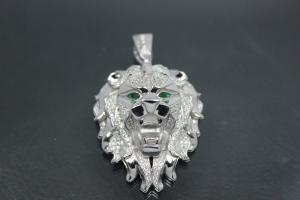 aLEm Pendant Lion King of the Steppe 925/- Silver rhodium plated with white and green emerald Zirconia,