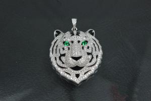 aLEm Pendant Tiger of Jungle 925/- Silver rhodium plated with white and green emerald Zirconia,