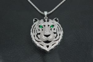 aLEm Pendant Tiger of Jungle 925/- Silver rhodium plated with white and green emerald Zirconia,