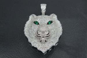 aLEm Pendant Lion King of the Steppe 925/- Silver rhodium plated with white and green emerald Zirconia,