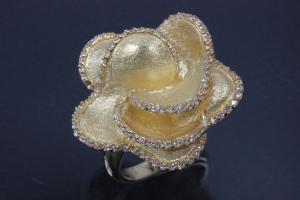 aLEm Ring Flower Roses, 925/- Silver gold plated, approx size ring head high 26mm, wide 26mm, thickness 19,0mm, Ring size 56