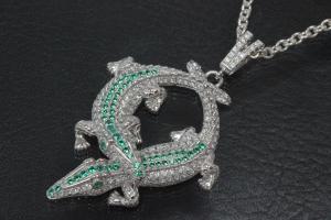 aLEm Anhänger Two Crocodile in the Fight setted with white and green Zirconia, 925/- Silver rhodium plated and polished,