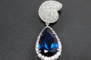 aLEm Pendant sapphire colour faceted Teardrop and Top as a Ammonite 925/- Silver rhodium plated and white Zirconia