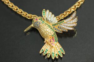 aLEm Pendant flying Humming-Bird 925/- Silver gold plated / partially rhodium plated, approx size high 35mm, wide 37,5mm, thickness 6,5mm, bail inside high 3,0mm, wide 3,0mm,