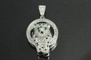 aLEm Pendant Cheetah in the Circle of Fire 925/- Silver rhodium plated, approx size high 35,3mm incl.bail,  wide 20,0mm, T9,0mm, bail outside h6,3mm,W4,3mm, bail inside H2,5mm, W3,6mm,