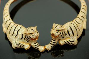 aLEm necklace Tiger 925/- Silver gold plated, approx.size single Tiger length 100mm, high 30mm, wide 40mm, inside neck approx. size 50cm length