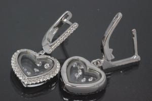 aLEm Earring with leverback 925/- silver, approx sizes H 31,0mm, B 15,5mm rhodium plated with Zirconia heart,  in the center moving Zirconia between two glasses and security leverback