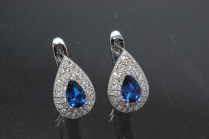 Earring Teardrop 925/- rhodium plated with Zirconia, center stone faceted sapphire colour teartrop zirconia with security leverback, approx sizes  high 13,5mm, wide 8,8mm