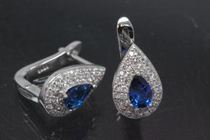 Earring Teardrop 925/- rhodium plated with Zirconia, center stone faceted sapphire colour teartrop zirconia with security leverback, approx sizes  high 13,5mm, wide 8,8mm