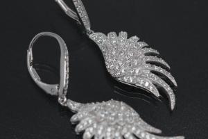 aLEm Earring Angel Wing 925/- Silver rhodium plated with Zirconia, approx size. length 42,0mm incl. leverback, wide 11,5mm, thickness 3,00mm,