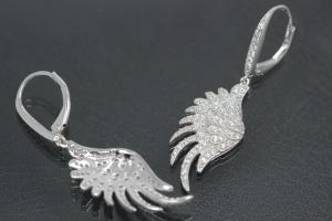 aLEm Earring Angel Wing 925/- Silver rhodium plated with Zirconia, approx size. length 42,0mm incl. leverback, wide 11,5mm, thickness 3,00mm,