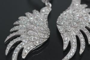 aLEm Earring Angel Wing 925/- Silver rhodium plated with Zirconia, approx size. length 42,0mm incl. leverback, wide 11,5mm, thickness 3,00mm,