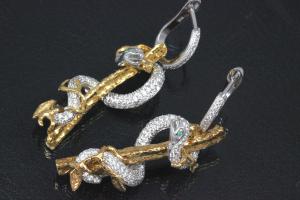 aLEm Earrings Snake on tree of the collection Wild Life by alain LE mondial, 925/- Silver partially gold plated, partially rhodium plated, leverback with Cubic Zirconia,approx size high 50,0mm, wide 15,0mm, thickness 12,2mm,